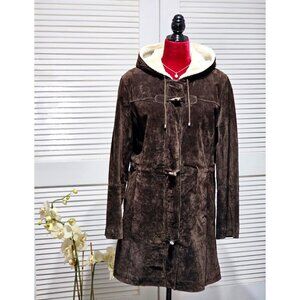 Covington Women's Brown Suede Leather Coat Faux Shearling Hood Size L 2203